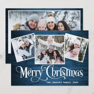 4 PHOTO Christmas Rustic Blue Wood Greeting Holiday Card