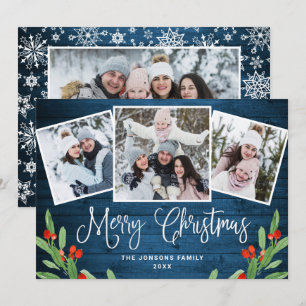 4 PHOTO Christmas Rustic Blue Wood Greeting Holiday Card
