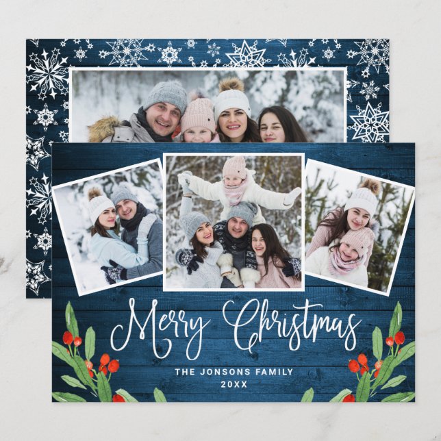4 PHOTO Christmas Rustic Blue Wood Greeting Holiday Card (Front/Back)
