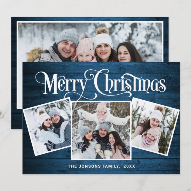 4 PHOTO Christmas Rustic Blue Wood Greeting Holiday Card (Front/Back)
