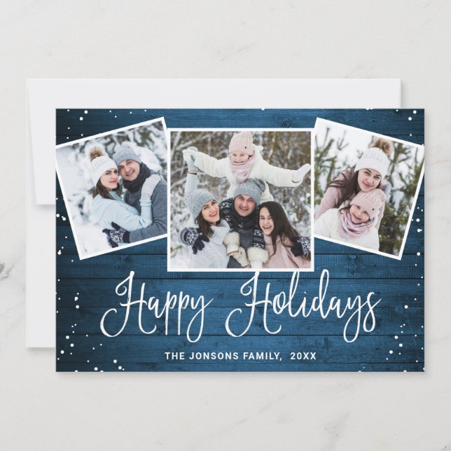 4 PHOTO Christmas Rustic Blue Wood Greeting Holiday Card (Front)
