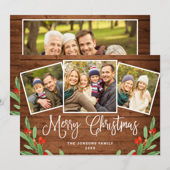 4 PHOTO Christmas Rustic Brown Wood Greeting Holiday Card (Front/Back)