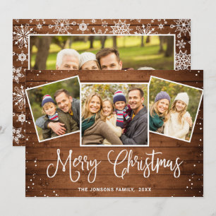 4 PHOTO Christmas Rustic Brown Wood Greeting Holiday Card