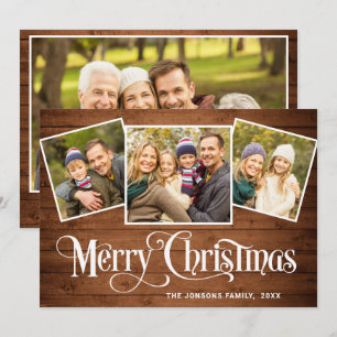 4 PHOTO Christmas Rustic Brown Wood Greeting Holiday Card