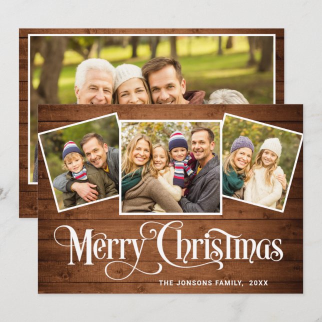 4 PHOTO Christmas Rustic Brown Wood Greeting Holiday Card (Front/Back)