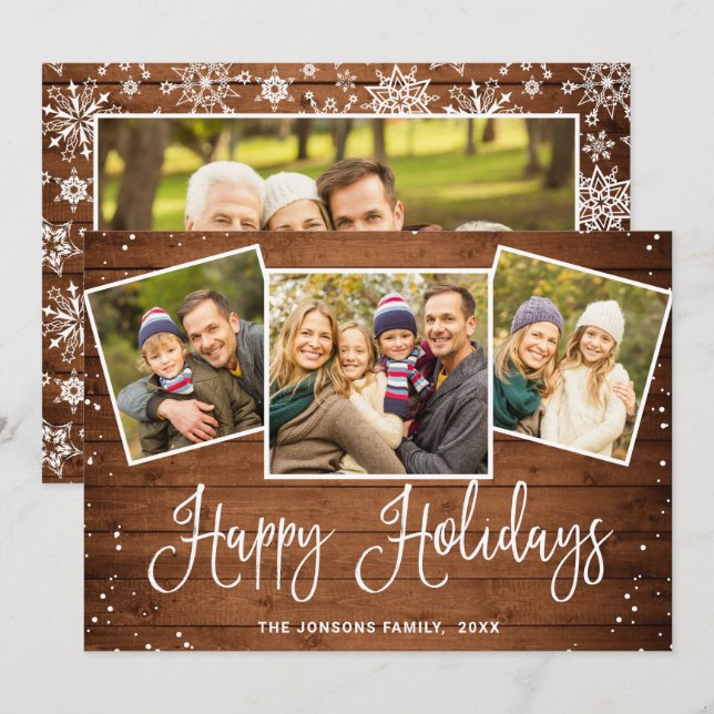 4 PHOTO Christmas Rustic Brown Wood Greeting Holiday Card (Front/Back)
