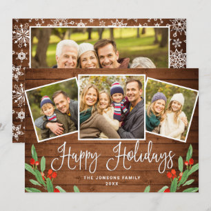 4 PHOTO Christmas Rustic Brown Wood Greeting Holiday Card