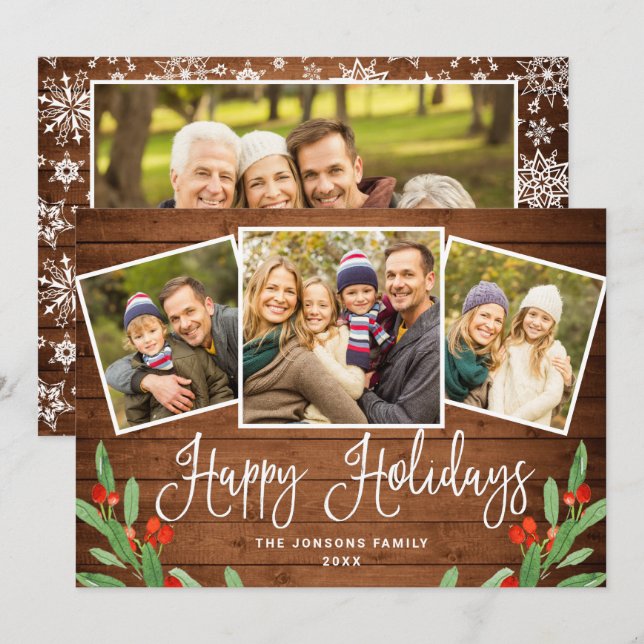 4 PHOTO Christmas Rustic Brown Wood Greeting Holiday Card (Front/Back)