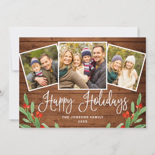 4 PHOTO Christmas Rustic Brown Wood Greeting Holiday Card (Front)