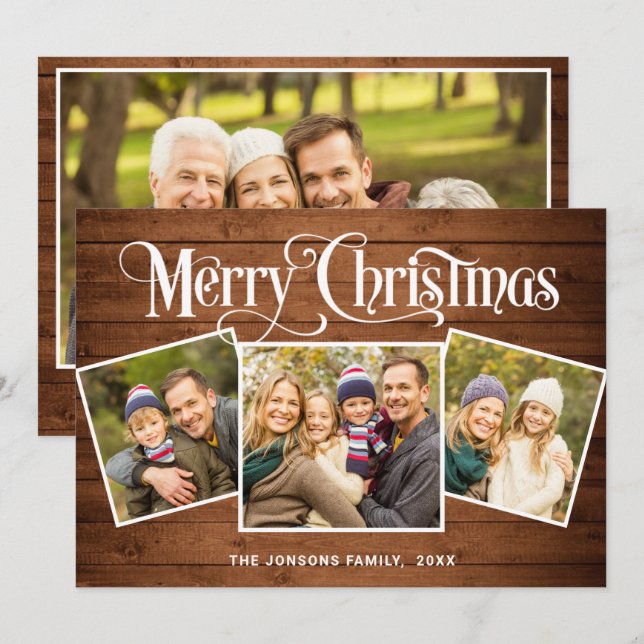 4 PHOTO Christmas Rustic Brown Wood Greeting Holiday Card (Front/Back)