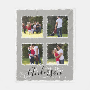4 Photo Collage Add Family Name Grey Medium Fleece Blanket