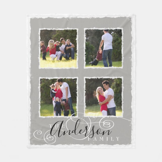 4 Photo Collage Add Family Name Grey Medium Fleece Blanket (Front)
