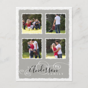 4 Photo Collage Add Family Name Grey Postcard
