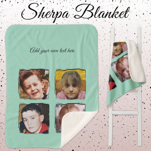 4 photo collage add text green sherpa blanket