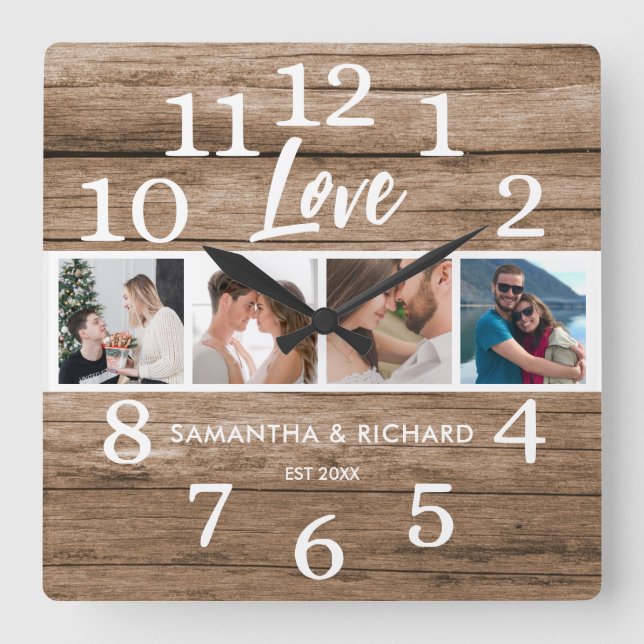 4 Photo Collage Anniversary Valentine Love Wood Square Wall Clock (Front)