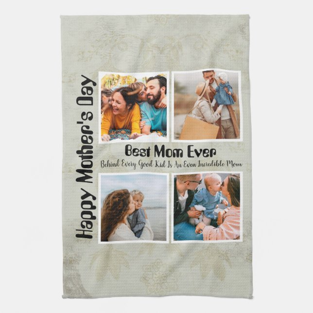 4 Photo Collage Best Mum Ever Tea Towel (Vertical)