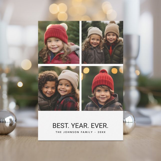 4 Photo Collage Black White - Best Year Ever Holiday Card (4 Photo Minimal Christmas Card Design - Best Year Ever with Abstract Art)