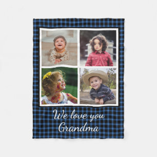 4 Photo Collage Blue Buffalo Plaid Grandma Fleece Blanket