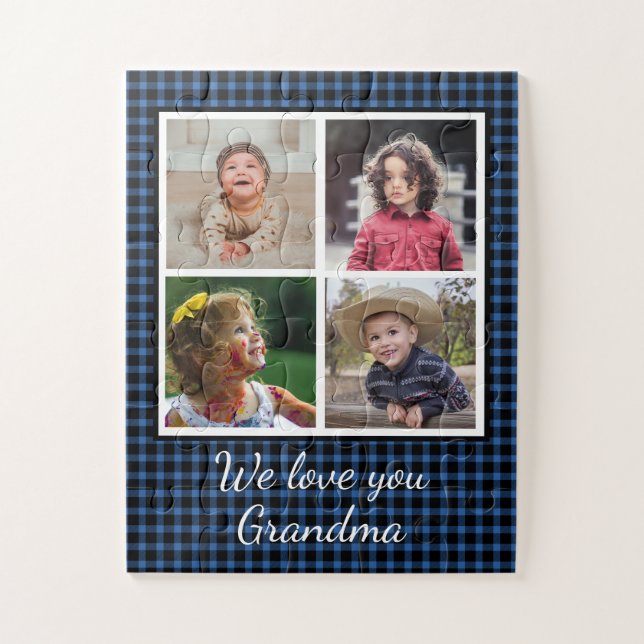 4 Photo Collage Blue Buffalo Plaid Grandma Jigsaw Puzzle (Vertical)