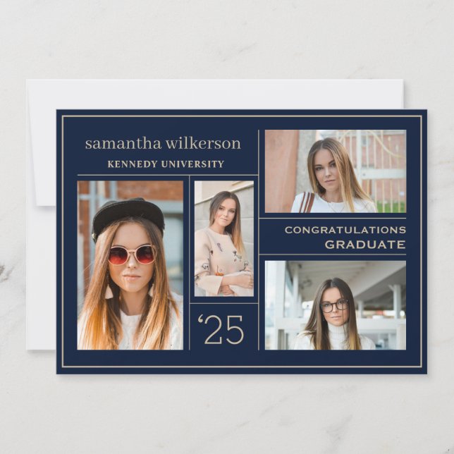 4 Photo Collage Blue & Gold Congrats Graduate  Announcement (Front)