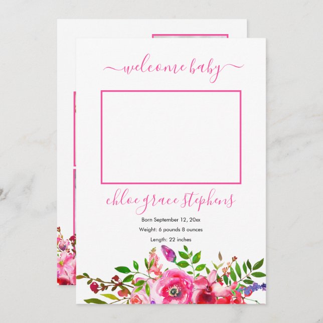 4 Photo Collage Boho Floral Girl Announcement (Front/Back)