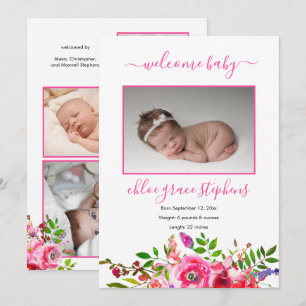 4 Photo Collage Boho Floral Girl Announcement