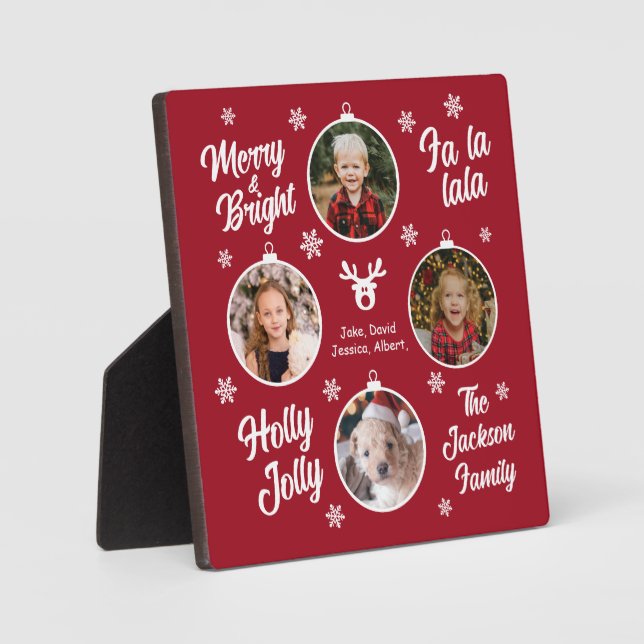 4 Photo Collage Christmas Baubles Red Plaque (Front)