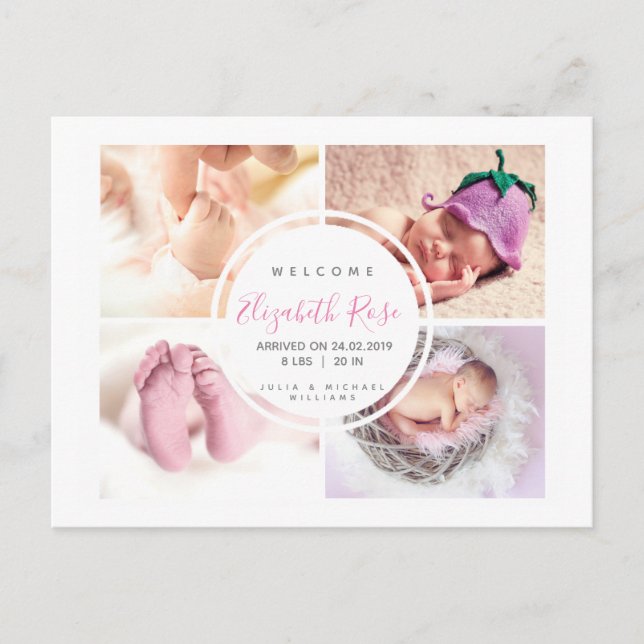 4 Photo Collage Circle Newborn Baby Girl Postcard (Front)