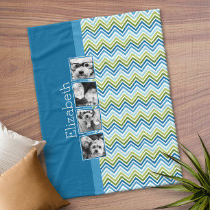 4 Photo Collage - Colourful Blue and Green Chevron Fleece Blanket