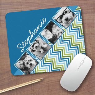 4 Photo Collage - Colourful Blue and Green Chevron Mouse Mat