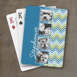 4 Photo Collage - Colourful Blue and Green Chevron Playing Cards