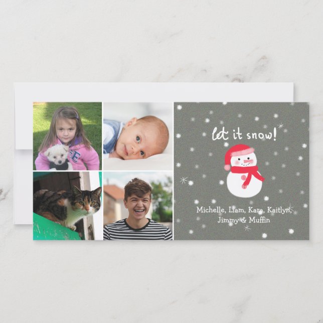 4 Photo Collage Custom Name Cute Snowman Christmas Holiday Card (Front)