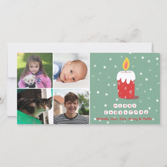 4 Photo Collage Custom Name Red Christmas Candle Holiday Card (Front)