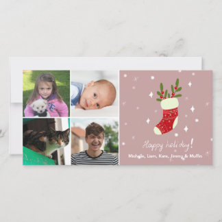 4 Photo Collage Custom Name Red Christmas Stocking Holiday Card