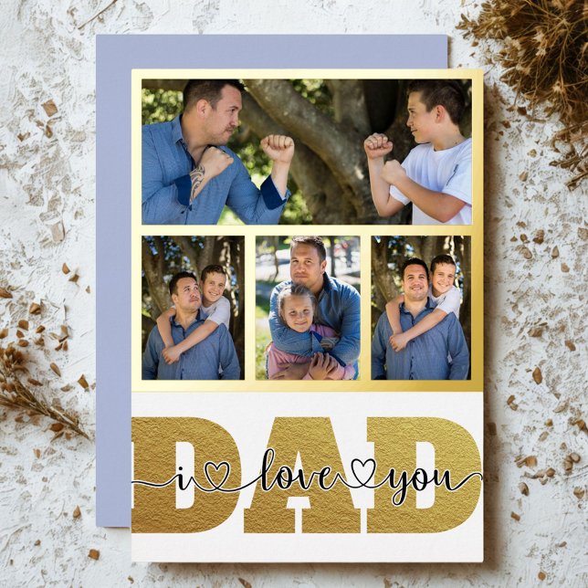 4 Photo Collage Dad Children Photos I Love You Dad Foil Holiday Card (Creator Uploaded)