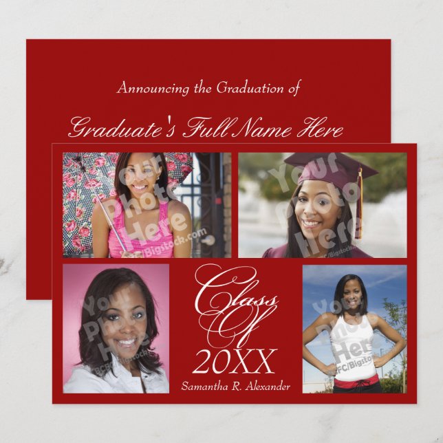 4-Photo Collage Dark Red Graduation Announcement (Front/Back)