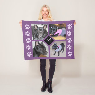 4 Photo Collage   Dog Initial  Purple Pawprints Fleece Blanket