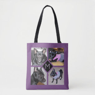 4 Photo Collage   Dog Initial  Purple Tote Bag