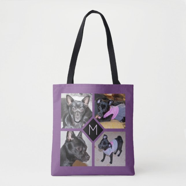 4 Photo Collage | Dog Initial  Purple Tote Bag (Front)