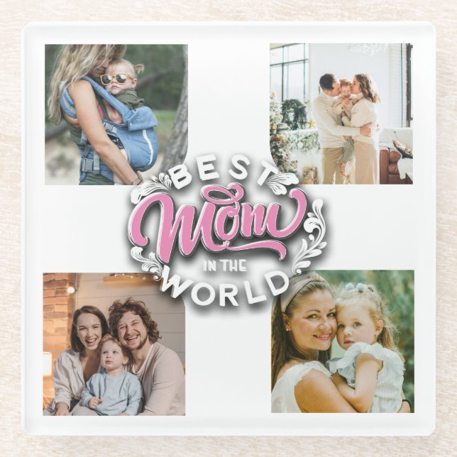4 Photo Collage Family Memory Mother's Day Glass Coaster (Front)