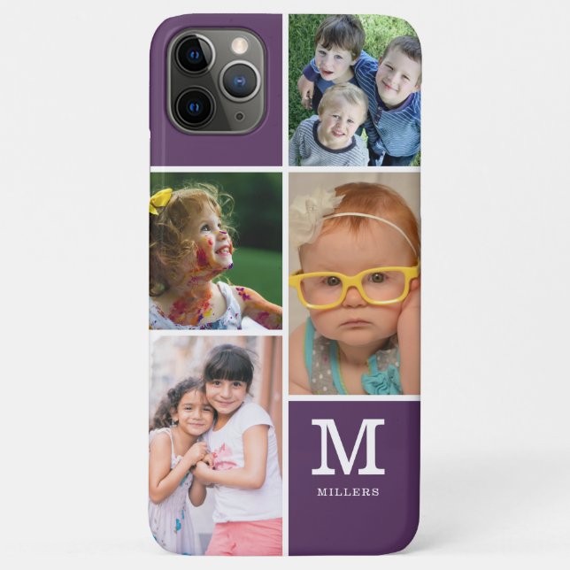 4 Photo Collage Family Monogram Name  Purple Case-Mate iPhone Case (Back)