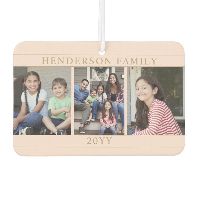 4 Photo Collage Family Name Blush Pink Gold Heart Car Air Freshener (Front)