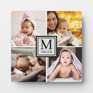 4 Photo Collage Family Name Monogram Plaque
