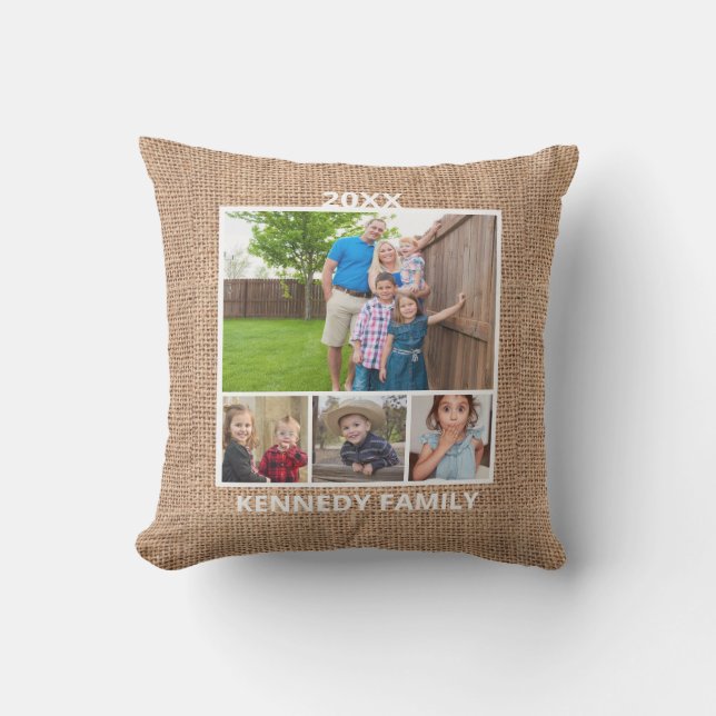  4 Photo Collage  Family Name Rustic Burlap Cushion (Front)