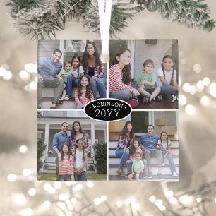 4 Photo Collage Family Name & Year Black & White Glass Tree Decoration