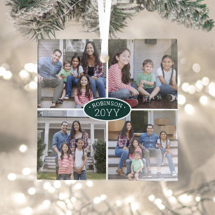 4 Photo Collage Family Name & Year Green & White Glass Tree Decoration