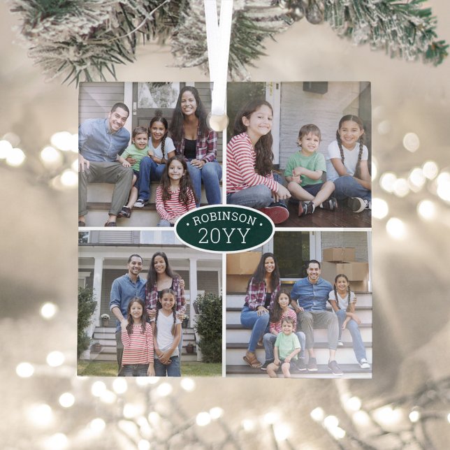 4 Photo Collage Family Name & Year Green & White Glass Tree Decoration (Creator Uploaded)
