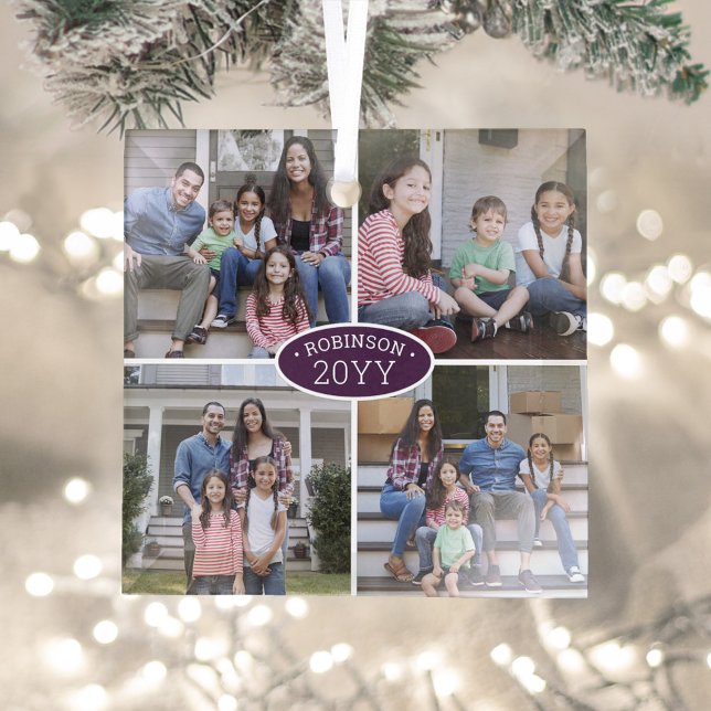 4 Photo Collage Family Name & Year Purple & White Glass Tree Decoration (Creator Uploaded)
