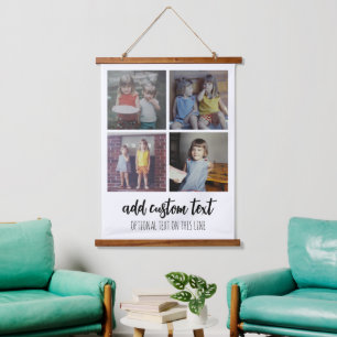 4 Photo Collage - Family Text On Bottom - White Hanging Tapestry