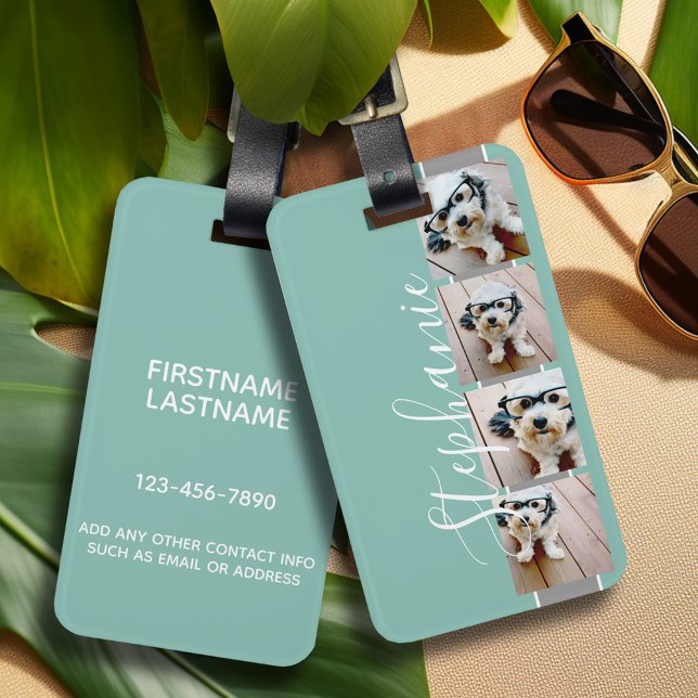 4 Photo Collage Film Strip Name - aqua grey Luggage Tag (Personalized luggage tag with photo collage and monogram - contact info on back)